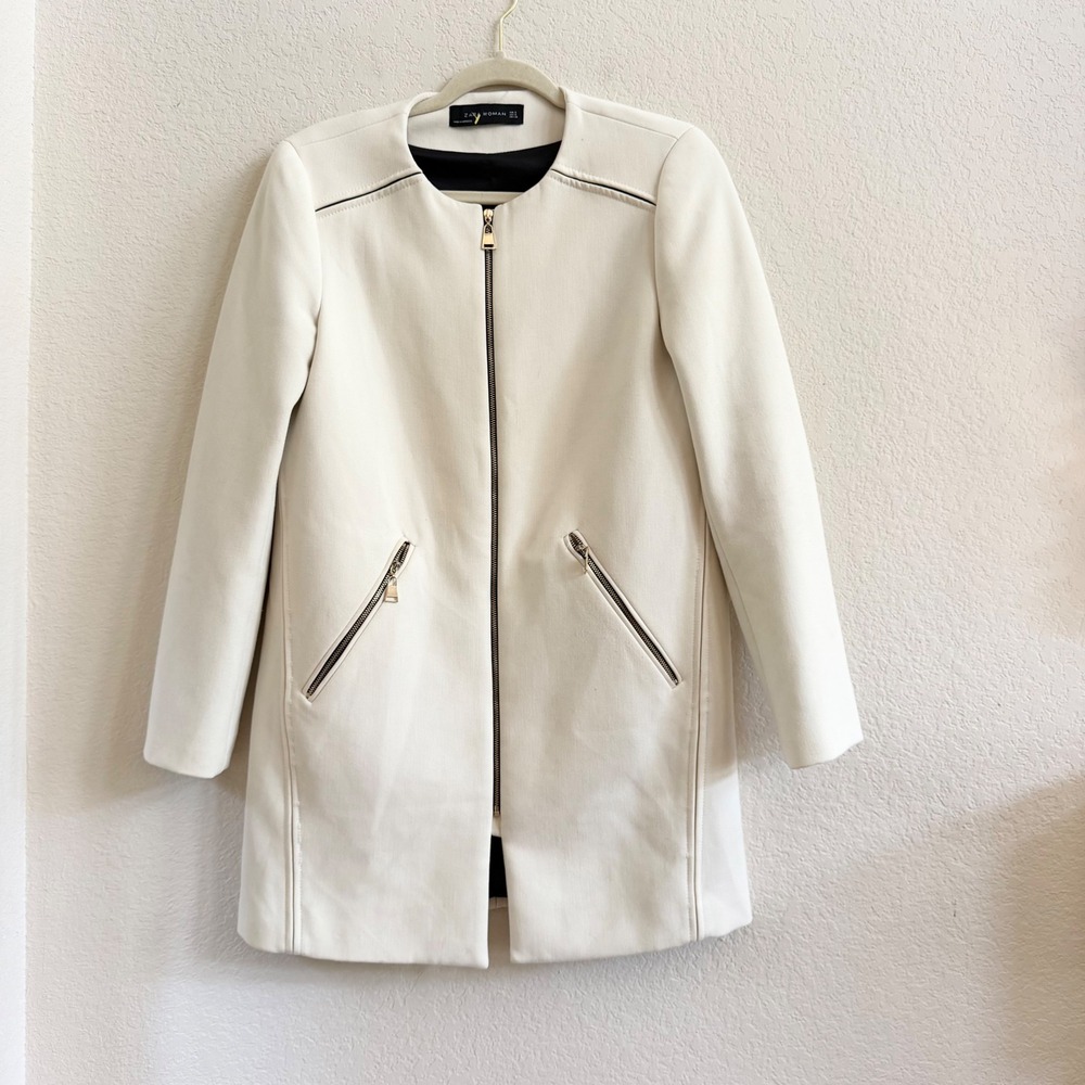 Zara Woman Cream Full Zip Collarless Coat Jacket Gold Hardware Size S Small